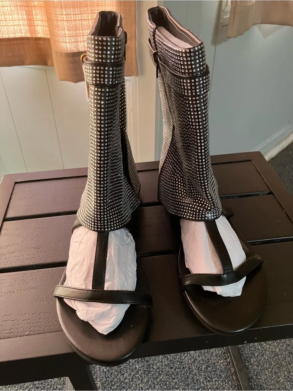 SHEIN Black Rhinestone Mid-Calf Open-Toe Sandal Boots